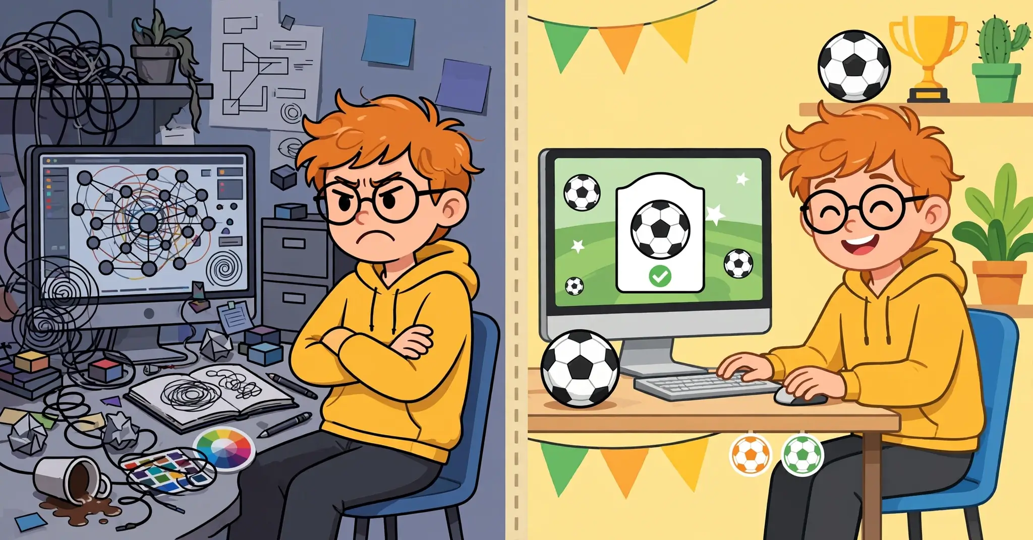 Comparación entre diseñar una tarjeta de fútbol en un programa complejo y usar un generador simple