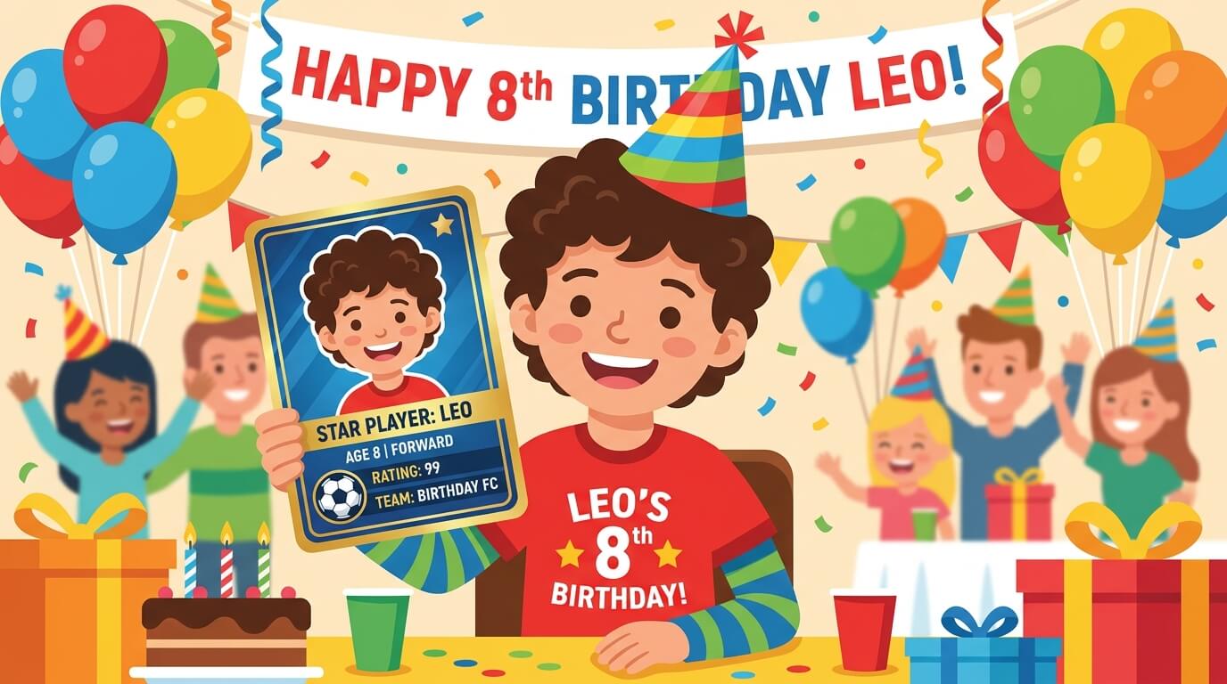 Niño sosteniendo una tarjeta de fútbol personalizada como regalo de cumpleaños