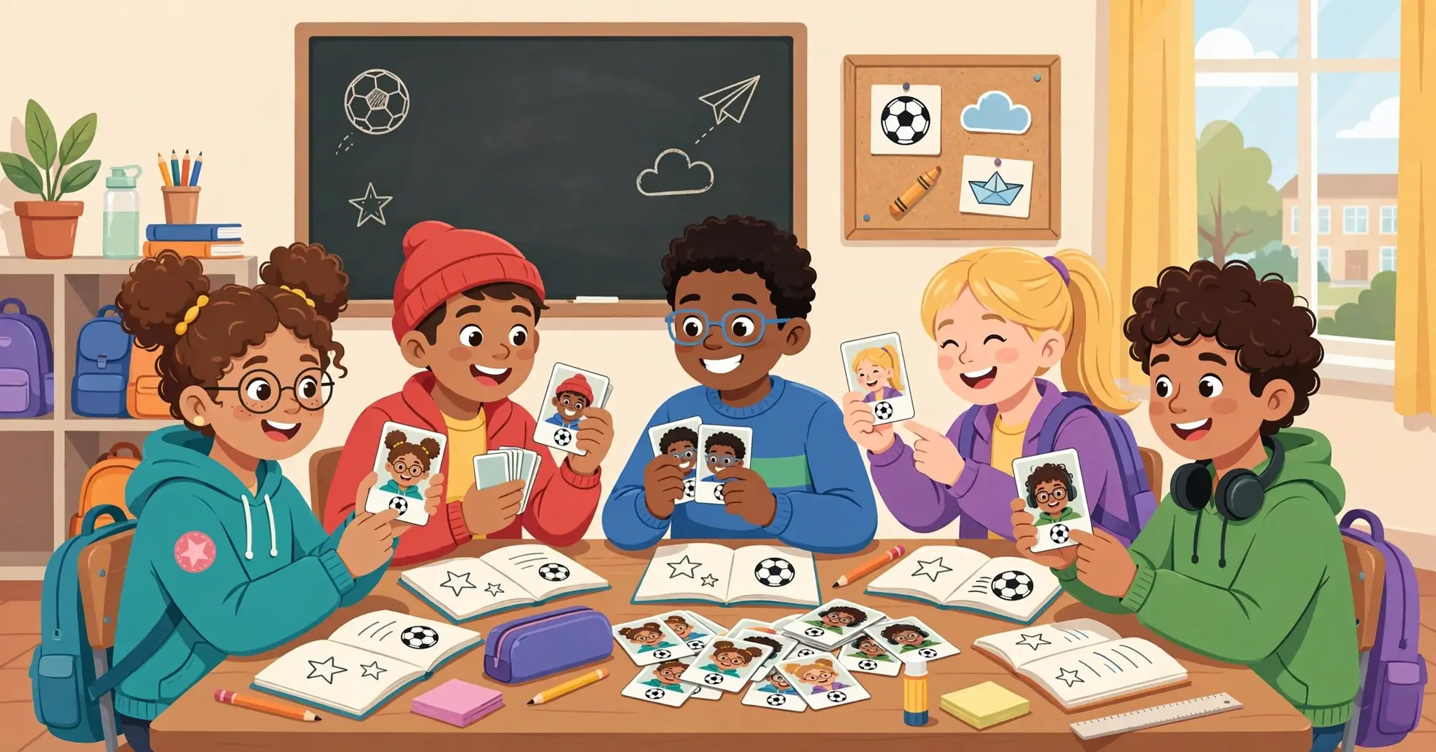 Estudiantes intercambiando tarjetas de fútbol personalizadas en el salón de clases