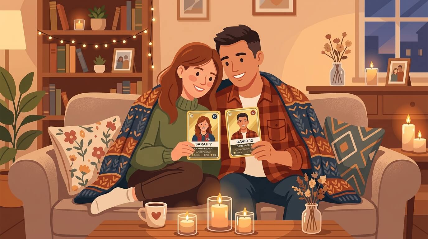 Pareja sosteniendo tarjetas de fútbol personalizadas como regalo de aniversario