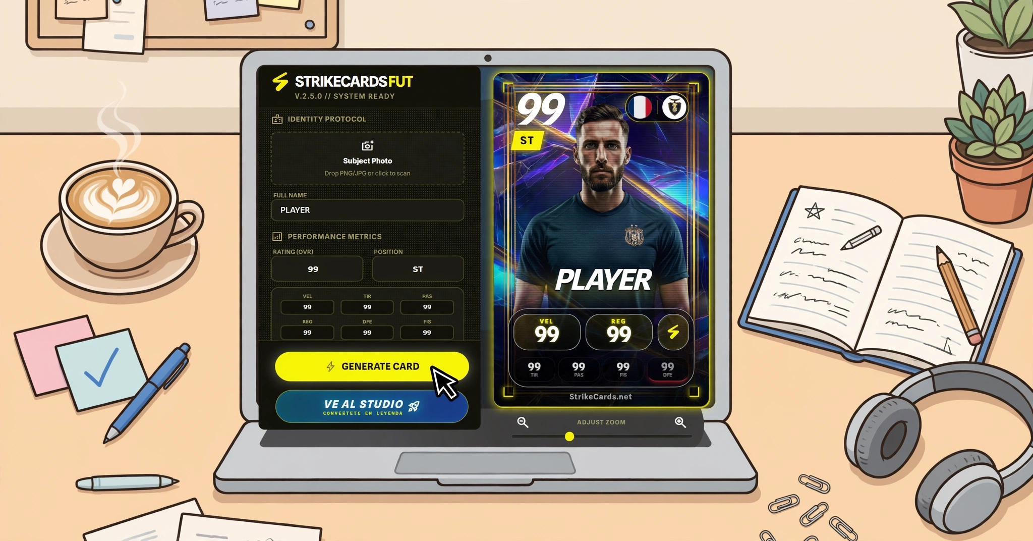 Pantalla mostrando el proceso de creación de una tarjeta de fútbol personalizada online