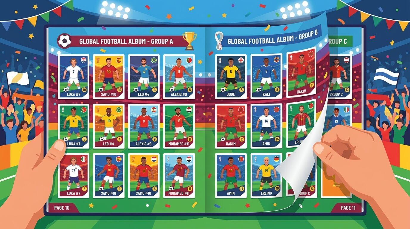 Álbum de fútbol personalizado del Mundial 2026 abierto mostrando tarjetas coleccionables únicas