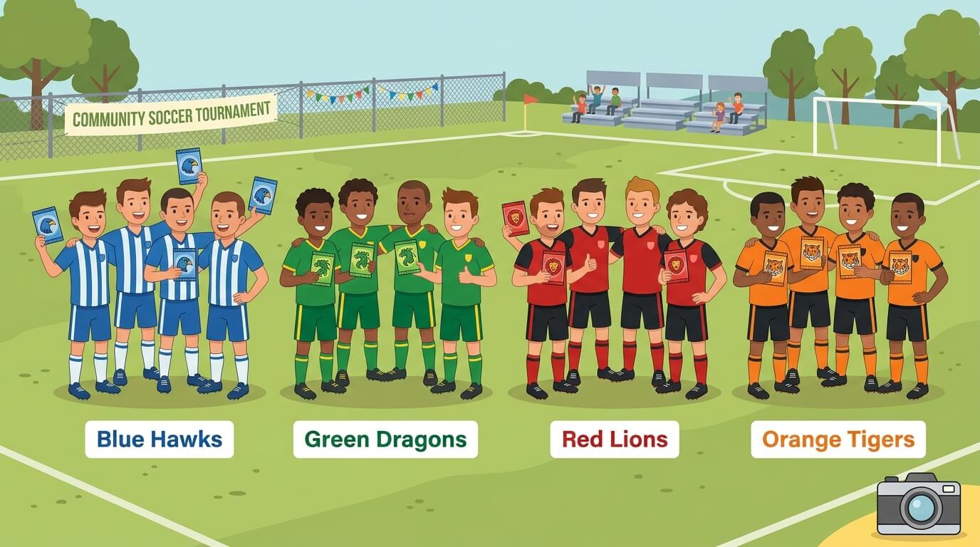 Tarjetas de fútbol personalizadas de distintos equipos para un torneo de fútbol 7