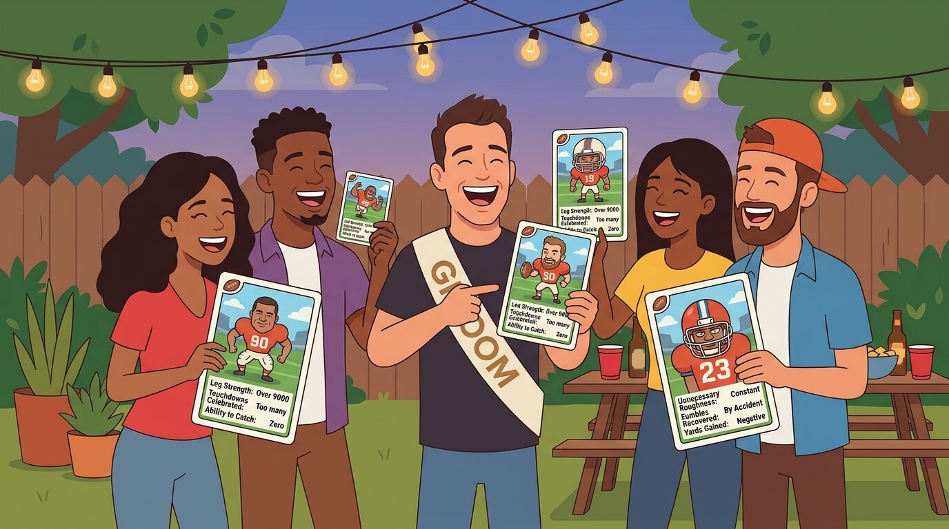 Grupo de amigos mostrando tarjetas de fútbol personalizadas en una despedida de soltero