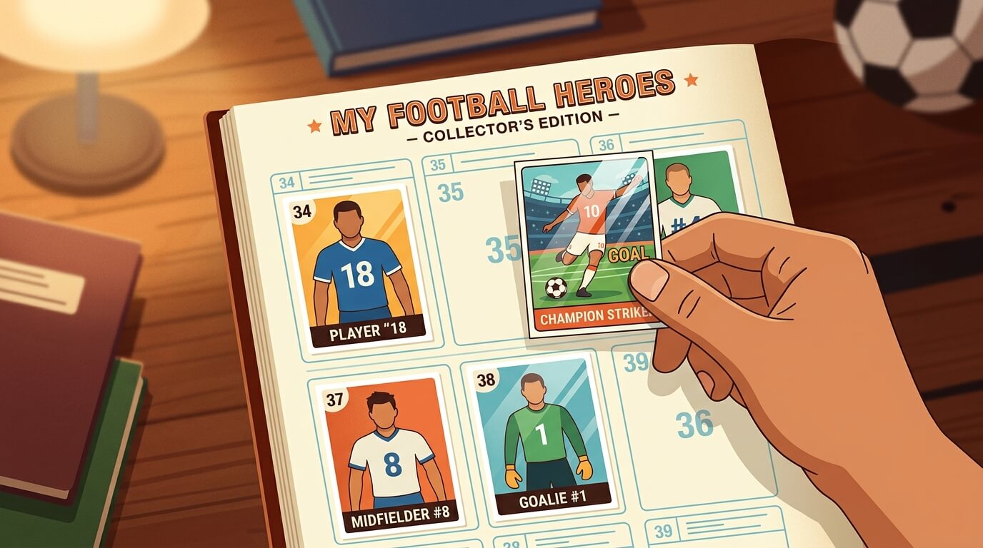 Tarjeta de fútbol estilo álbum de estampas siendo colocada en un álbum coleccionable