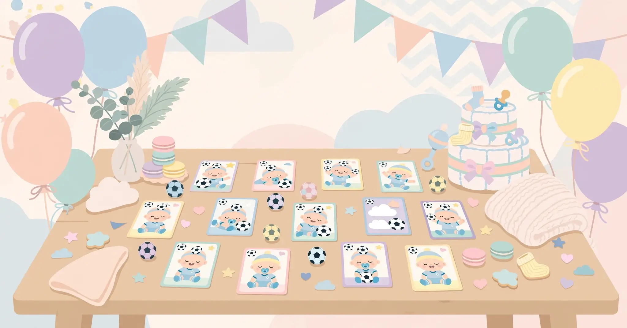 Tarjeta de fútbol personalizada de bebé como parte de la decoración de un baby shower