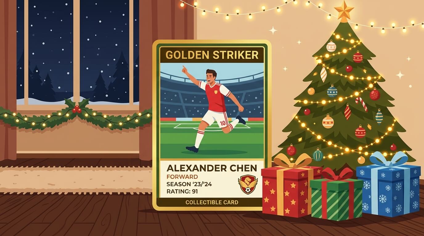 Tarjeta de fútbol personalizada envuelta como regalo de Navidad bajo el árbol