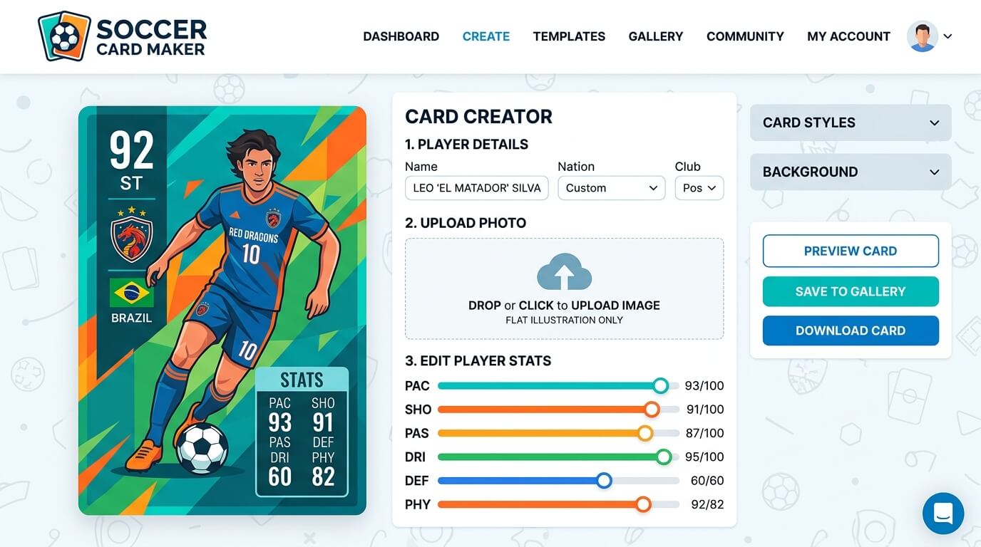 Interfaz de un generador de cartas de fútbol online mostrando una tarjeta personalizada en creación