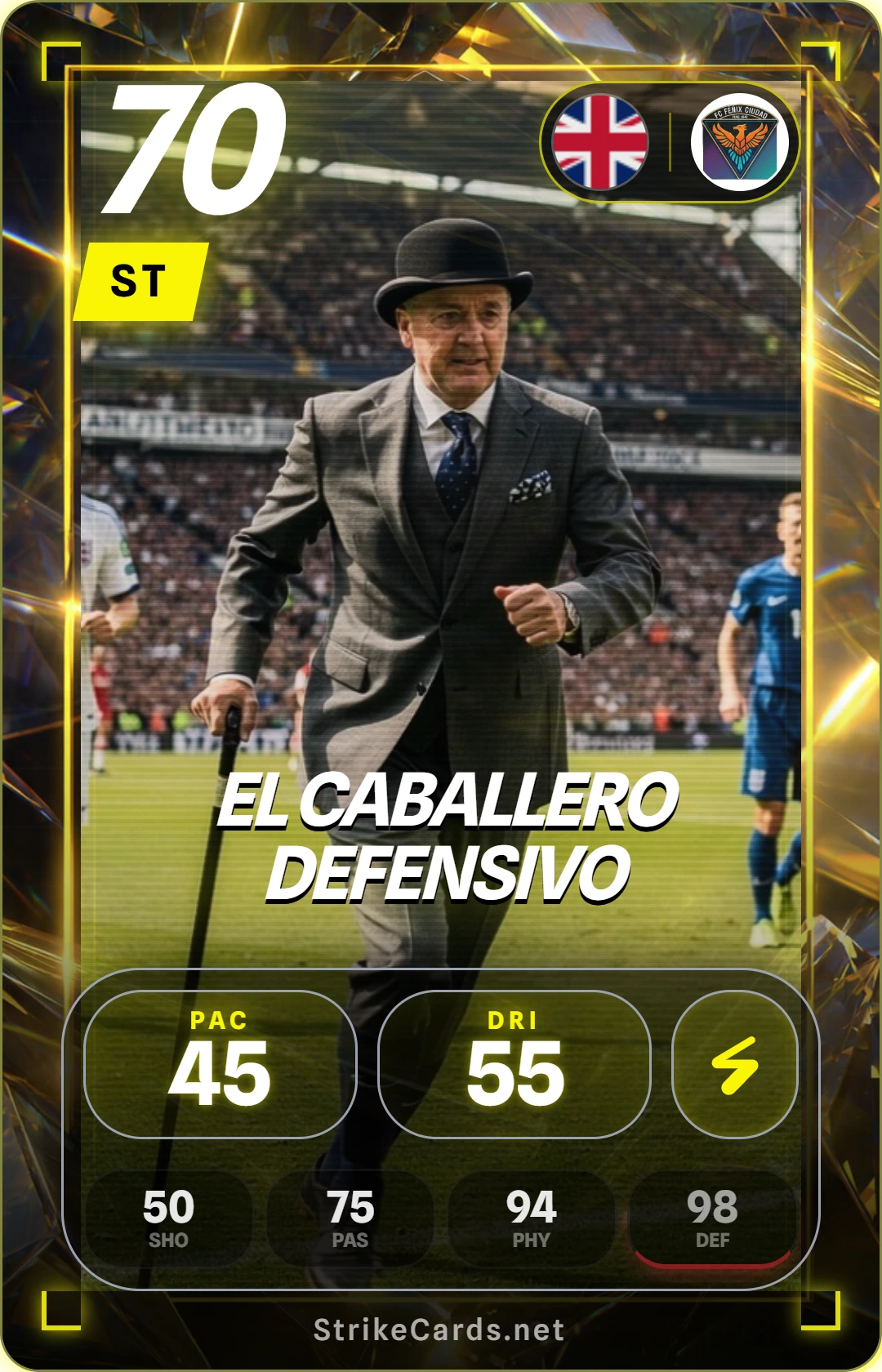 Tarjeta de fútbol de un caballero medieval con armadura brillante de placas y un escudo con forma de balón