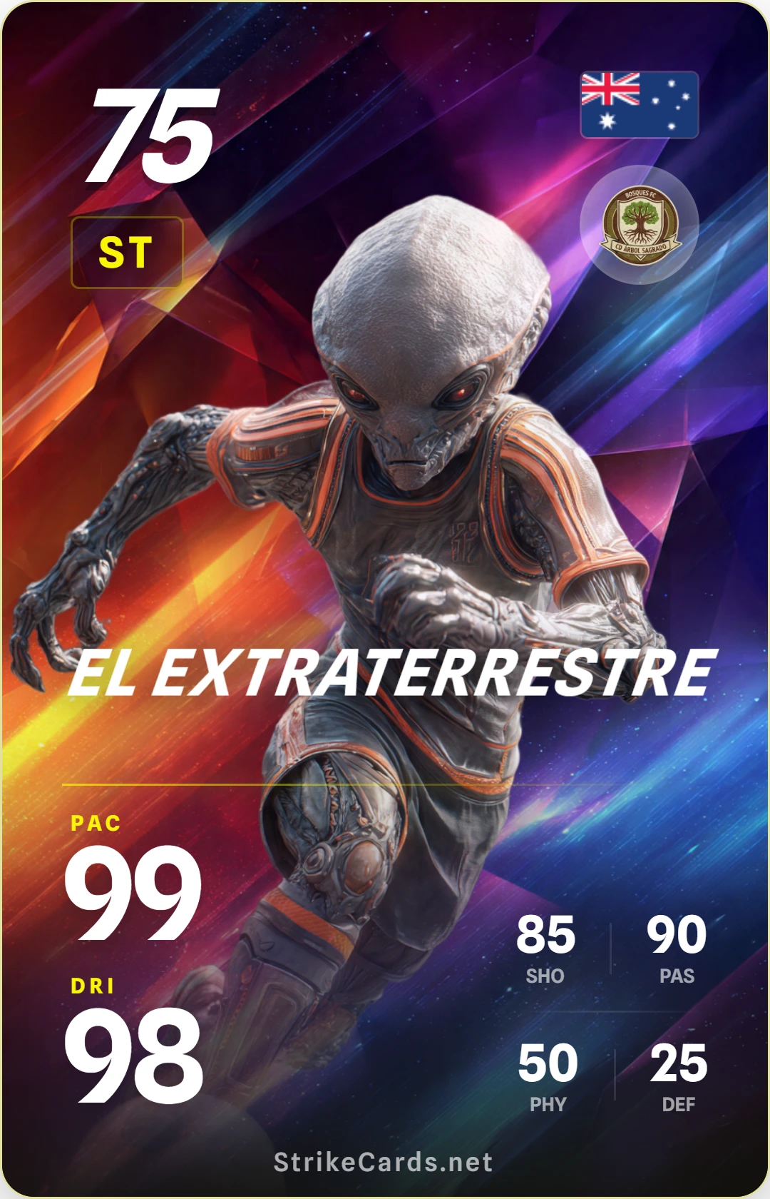 Tarjeta de fútbol de un alienígena gris clásico vistiendo una camiseta deportiva holográfica y sonriendo