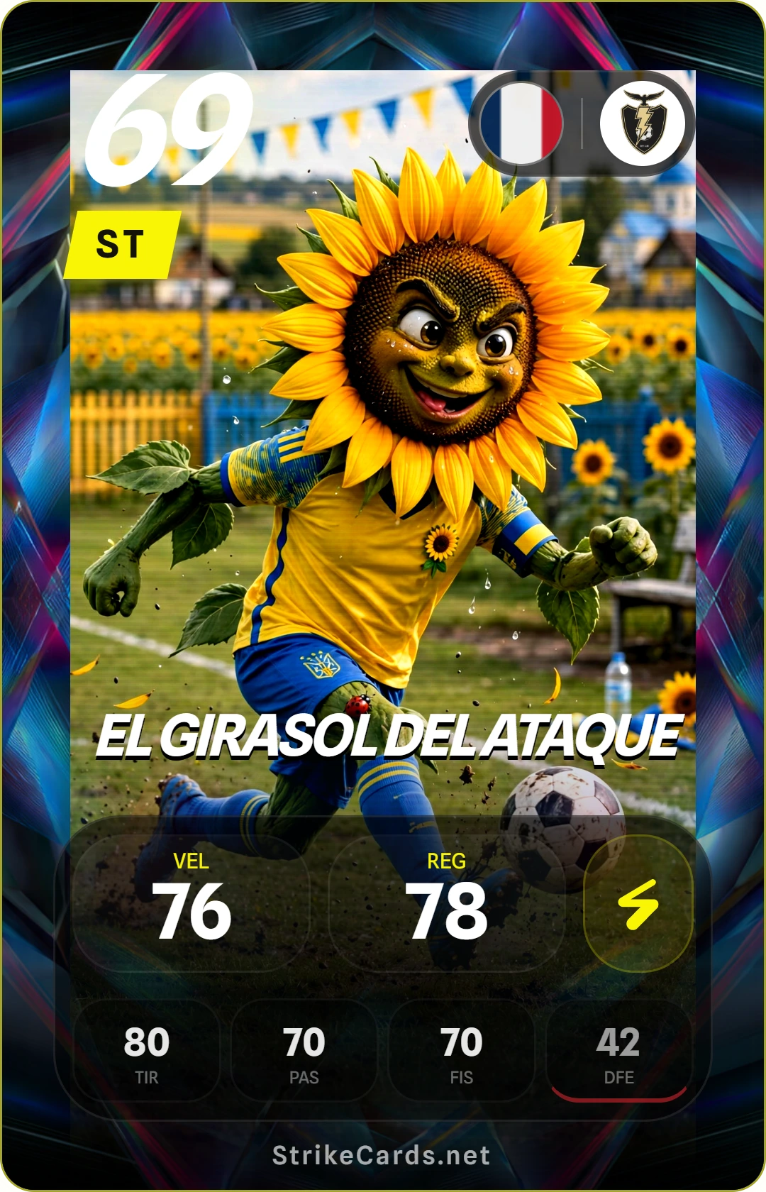 Tarjeta de fútbol de un jugador ucraniano rodeado de girasoles dorados celebrando un gol importante