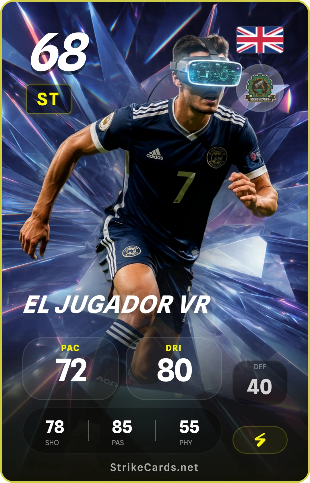 Tarjeta de fútbol de un joven con un visor VR elegante y guantes tácticos brillantes controlando un balón digital