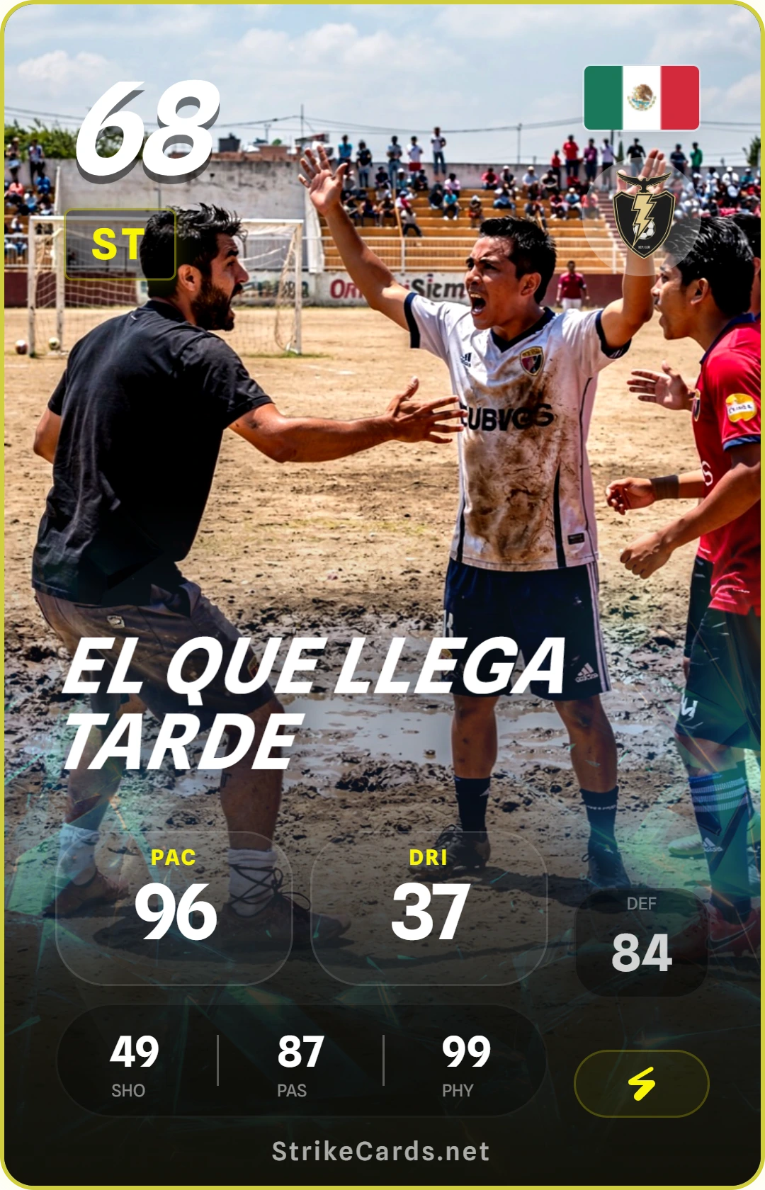 Tarjeta de fútbol cómica del jugador que siempre llega tarde al partido en México